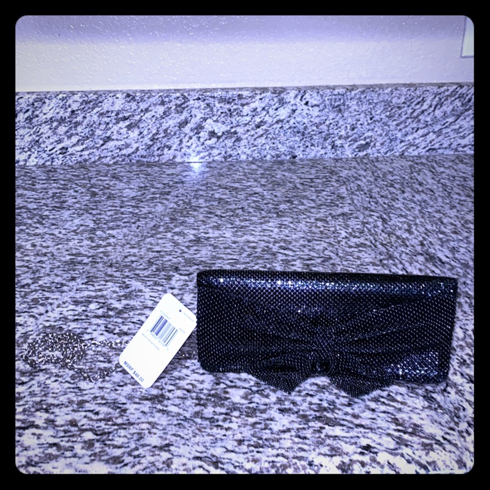 NEW black clutch with mesh bow w/silver c…